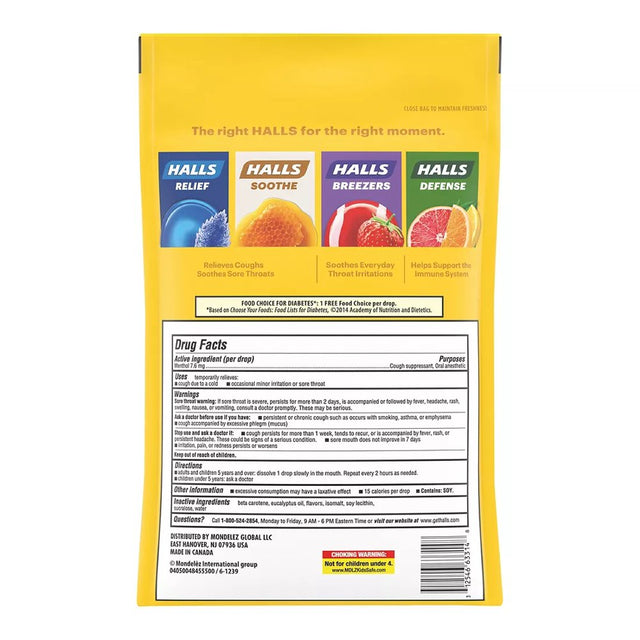 Halls Sugar-Free Honey Lemon Cough Suppressant Drops, 180 Ct.