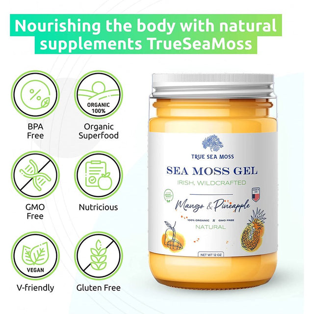 Trueseamoss Wildcrafted Irish Sea Moss Gel – Nutritious Raw Seamoss Rich in Minerals, Proteins & Vitamins – Antioxidant Health Supplement, Vegan-Friendly Made in USA (Mango/Pineapple, 3)