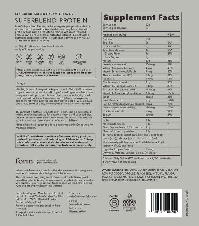 Form Superblend Protein - Vegan Protein Powder with Superfoods, Vitamins and Minerals - 20G of Plant Based Protein per Serving (Chocolate Salted Caramel)