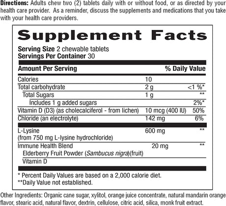 Country Life Chewable L-Lysine 600Mg - 60 Tabs - Supports Immune Health - Supports Natural Collagen Production - Vitamin D - Elderberry - Great Taste