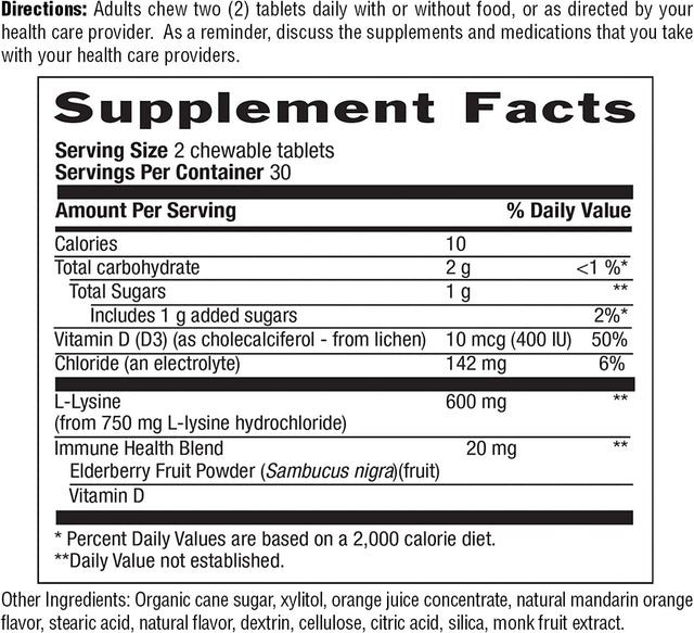 Country Life Chewable L-Lysine 600Mg - 60 Tabs - Supports Immune Health - Supports Natural Collagen Production - Vitamin D - Elderberry - Great Taste