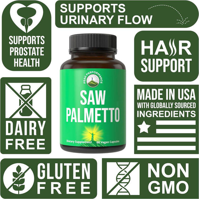 Peak Performance Saw Palmetto Capsules for Men and Women 1000Mg All Natural Saw Palmetto Extract Pills for Prostate Support. DHT Blocker Supplement for Hair Loss, Prostate Health, Urinary Flow