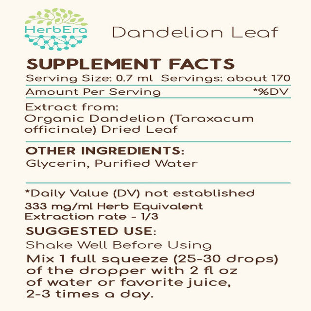 Dandelion Leaf Alcohol-Free Herbal Extract Tincture, Super-Concentrated Organic Dandelion (Taraxacum Officinale) Dried Leaf 4 Oz