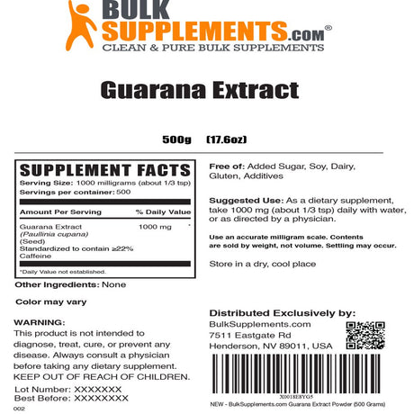 Bulksupplements.Com Guarana Extract Powder, 1000Mg - Guarana for Cognitive Support (500G - 500 Servings)