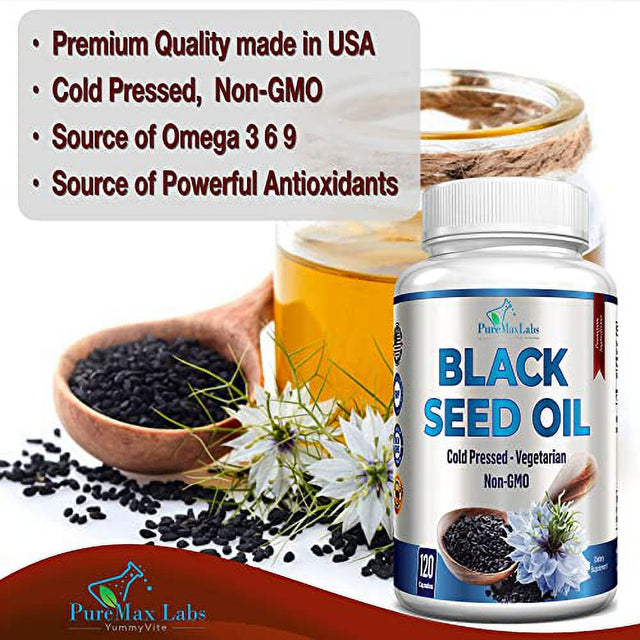 Cold Pressed Black Seed Oil - 120 Capsules, Premium Nigella Sativa Pure Black Cumin Seed Oil with Vitamin E, for Hair, Skin & Immune Health - Non-Gmo 120 Capsules