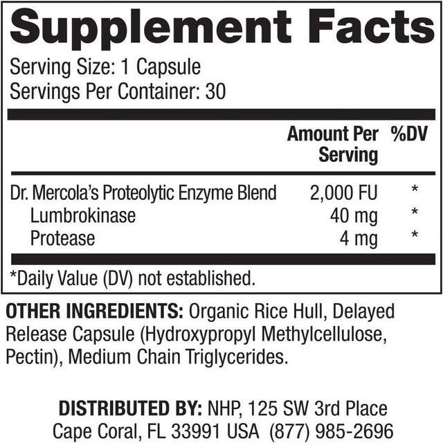 Dr. Mercola Lumbrokinase Enzymes Dietary Supplement, 30 Servings (30 Capsules), Supports Cognitive and Cardiovascular Health*, Non GMO, Soy Free, Gluten Free