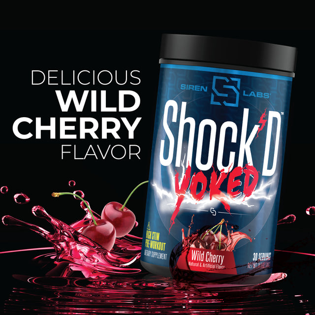 Siren Labs Shock’D YOKED High Stim Pre-Workout – Caffeine, Taurine, Citrulline Malate, Agmatine, Betaine Anhydrous–High Energy & Powerful Muscle Pumps-Nitric Oxide– Wild Cherry (30 Servings)