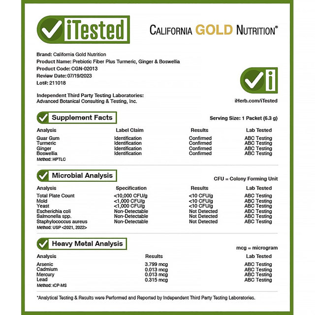 California Gold Nutrition Prebiotic Fiber plus Turmeric, Ginger, & Boswellia, 30 Packets, 0.22 Oz (6.3 G) Each