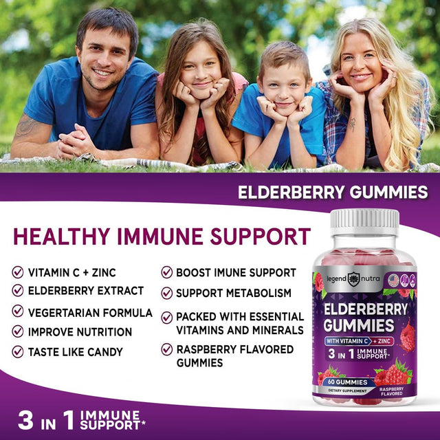 Elderberry Gummies with Vitamin C and Zinc, 3 in 1 Immune Support, 60 Count Sambucus Elderberry Gummies Raspberry Flavored, Dietary Supplement