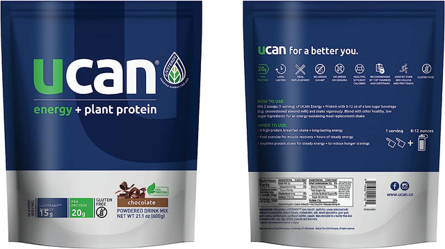 UCAN Energy + Plant Protein Powder - Vegan Plant Based Protein 20G Pea Protein with Amino Acids Eaas & Bccas - Keto Protein Powder - No Added Sugar, Gluten-Free - Chocolate -12 Servings