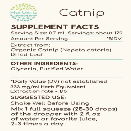 Catnip Alcohol-Free Herbal Extract Tincture, Super-Concentrated Organic Catnip (Nepeta Cataria) Dried Leaf 4 Oz