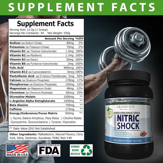 N Shock- Pre Workout Powder, X10 Strength, 44 Servings, (Fruit Punch) Boost Energy, Increase Endurance and Focus, Beta-Alanine, 175Mg Caffeine, Citrulline Malate, Nitric Oxide Booster - Keto Friendly