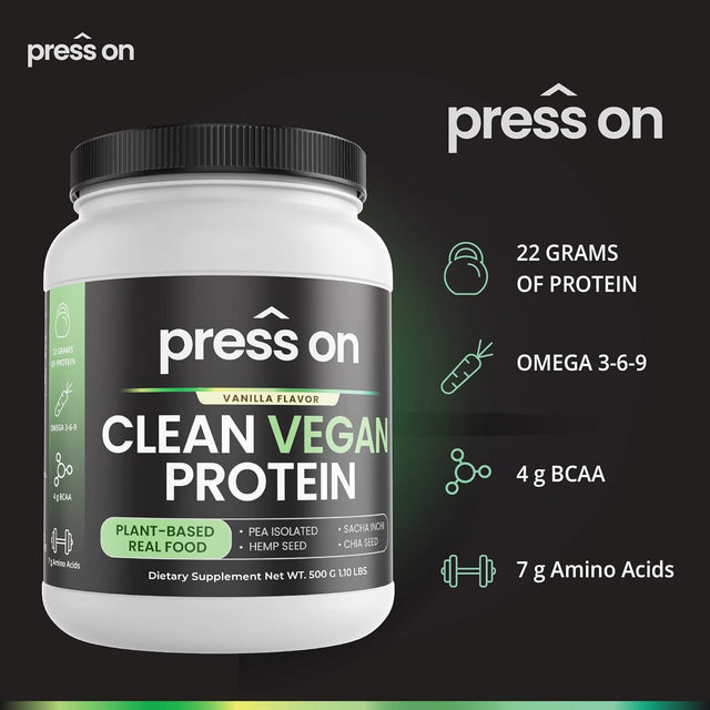 Press on Plant Based Protein Powder Shake with Real Superfood Vegan Gluten Free Vegan Protein Low Net Carbs Non Dairy Sugar Free Added Non-Gmo 4G Bcaas 22G Protein (Net. WT 500 G 1.10 Lbs.)