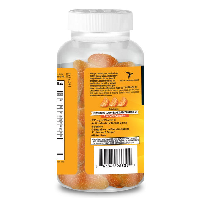 Airborne 750Mg Vitamin C Immune Support Gummies, Zesty Orange Flavor, 63 Count