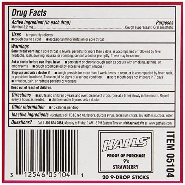 Halls Cough Drops, Srawberry, 9 Ct (Box of 20)