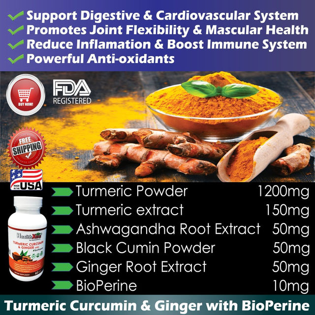 Turmeric Curcumin & Ginger with Bioperine - 60 Veggie Capsules - 95% Piperine - Curcima Longa 1500Mg, Relieve Joint & Back Pain, Improve Skin Health, Boost Brain Function, Improve Digestion