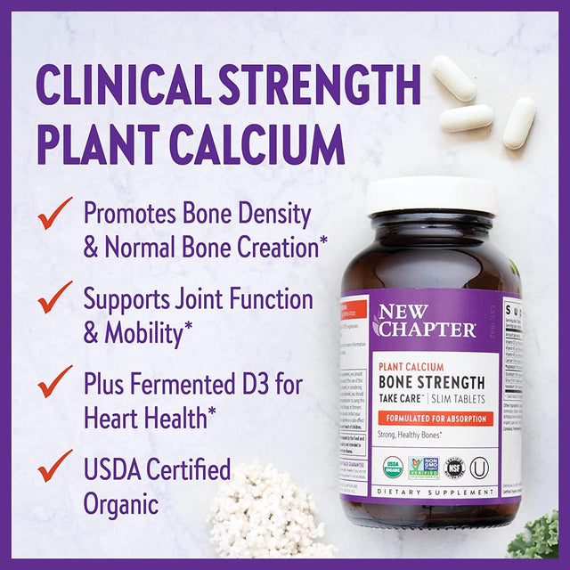 New Chapter Calcium Supplement - Bone Strength Organic Red Marine Algae Calcium - with Vitamin D3+K2 + Magnesium, 70+ Trace Minerals for Bone Health, Gluten Free, Easy to Swallow - 60 Slim Tablets