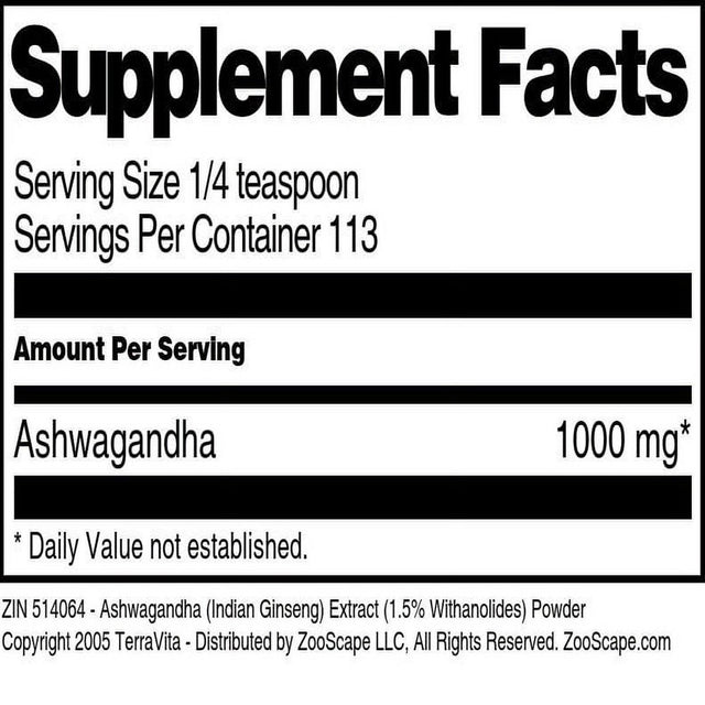 Terravita Ashwagandha (Indian Ginseng) Extract (1.5% Withanolides) Powder, (4 Oz, 1-Pack, Zin: 514064)