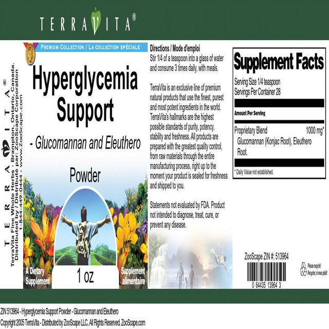 Terravita Hyperglycemia Support Powder - Glucomannan and Eleuthero, (1 Oz, 2-Pack, Zin: 513964)