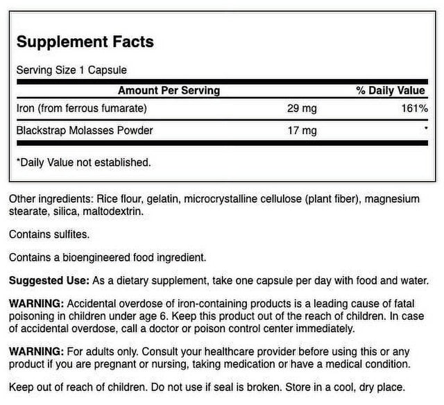 Swanson Blackstrap Molasses with Iron Capsules, 29 Mg, 120 Count