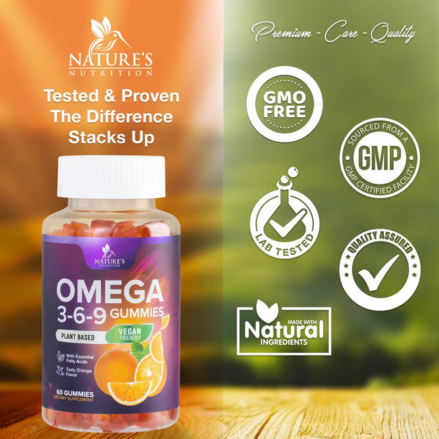 Omega 3 6 9 Vegan Gummies - Triple Strength Omega 3 Supplement Essential Oil Gummy - Omega 369 Heart Support and Brain Support for Women, Men & Pregnant Women, Non-Gmo, Orange Flavor - 60 Gummies