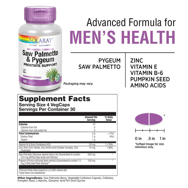 Solaray Pygeum and Saw Palmetto Berry Extracts | Mens Health & Prostate Function Support | Zinc, B-6, Pumpkin Seed & Amino Acids | 120 Vegcaps