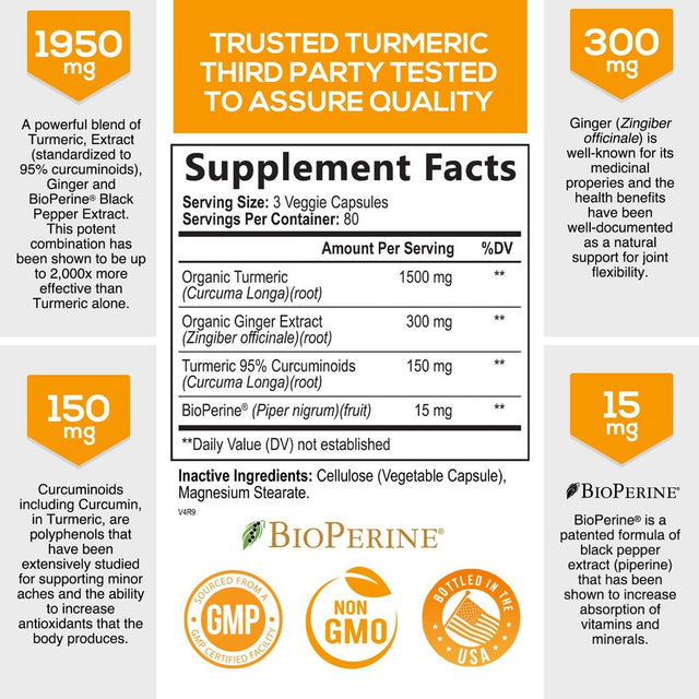 Turmeric Curcumin with Bioperine & Ginger 95% Standardized Curcuminoids 1950Mg Black Pepper for Max Absorption Joint Support, Nature'S Tumeric Herbal Extract Supplement, Vegan, Non-Gmo - 240 Capsules