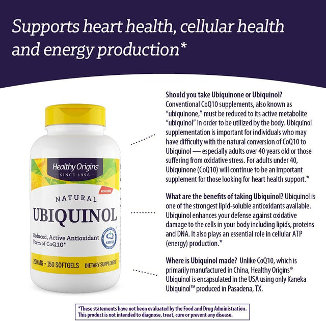 Healthy Origins Ubiquinol 200 Mg (Kaneka QH, Non-Gmo, Gluten Free, Heart Support, Energy Support), 150 Softgels