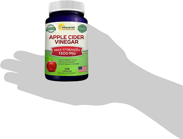 Asquared Nutrition Apple Cider Vinegar Supplement (120) - Extra Strength 1300Mg - ACV Pills for Pure Weight Loss, Detox, Digestion & Immune Support - All Natural Apple Cider Cleanse & Immunity Booster