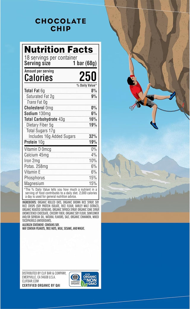 CLIF BAR - Chocolate Chip - Made with Organic Oats - 10G Protein - Non-Gmo - Plant Based - Energy Bars - 2.4 Oz. (18 Pack)