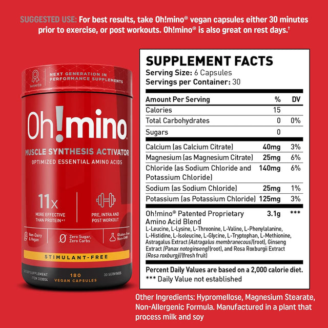 Oh!Mino Amino Acids Supplement, Ultimate Muscle Synthesis Activator, Pre and Post Workout Vitamins for Body Conditioning and Muscle Recovery, 180 Vegan Muscle Builder Capsules - Oh!Nutrition