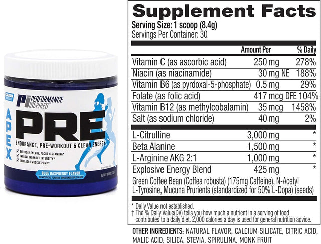 PERFORMANCE INSPIRED Nutrition - APEX Pre Workout Powder - Increase Energy & Endurance - Caffeine - Beta Alanine - All Natural - Vegan Formula - Blue Raspberry