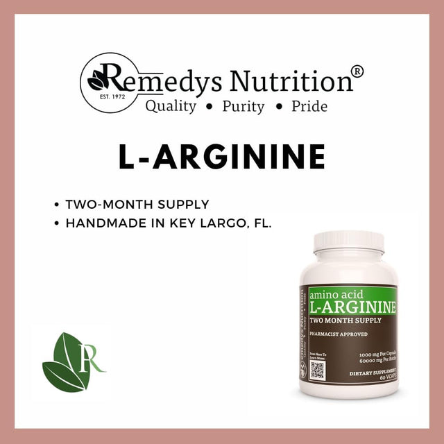 Remedy'S Nutrition L-Arginine HCL 1,000Mg Vegan Capsules Amino Acid Supplement - Non-Gmo, Gluten Free, Dairy Free - Two Month Supply (60 Count)