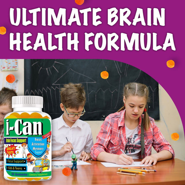 I-Can Brain Focus Supplements for Kids & Teens, Memory Booster Brain Vitamins with Omega 3 6 9, EPA DHA- 60 Gummy Vitamins