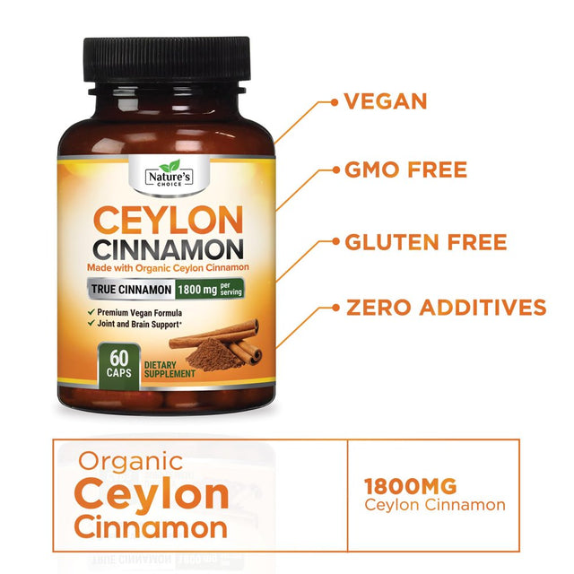 Ceylon Cinnamon Capsules - Certified Organic Cinnamon Pills, Non-Gmo, Dairy & Gluten Free, Sri Lanka Cinnamon Powder Supplement, Vegan True Cinnamomum Vitamins, Sugar Free, 60 Count Cinnamon Capsules