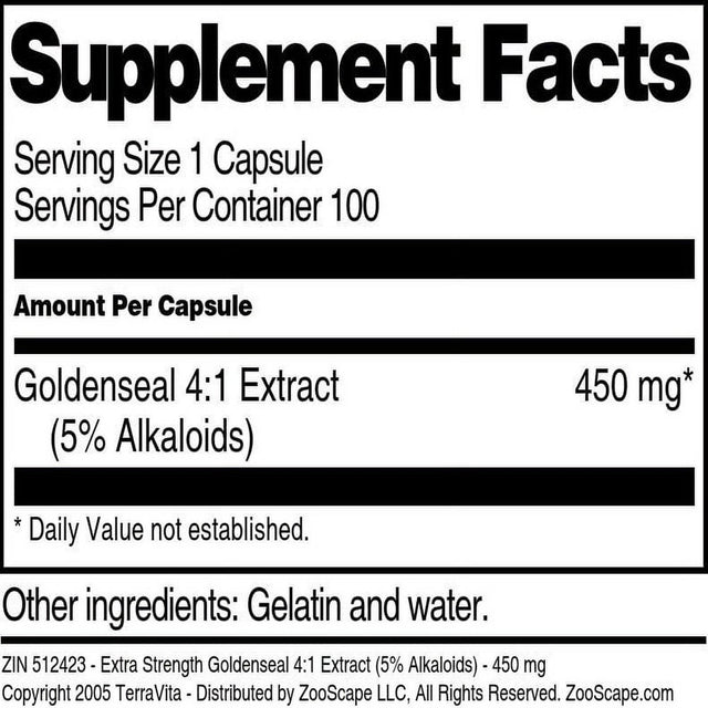 Terravita Extra Strength Goldenseal 4:1 Extract (5% Alkaloids) - 450 Mg, (100 Capsules, 1-Pack, Zin: 512423)