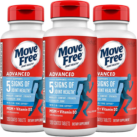 Move Free Advanced Glucosamine Chondroitin MSM + Vitamin D3 Joint Support Supplement, Supports Mobility Comfort Strength Flexibility & Bone + Immune Health - 3X120Ct Bottles (120 Servings)*