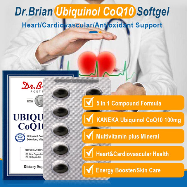 Dr. Brian Coq10 100Mg Softgel Coenzyme Q10 plus Vitamin Antioxidant Supplement with Coq10 Ubiquinol 100Mg,Vitamin C 80Mg,Vitamin E, A,Selenium Support Heart Cardiovascular Health Superior Absorption