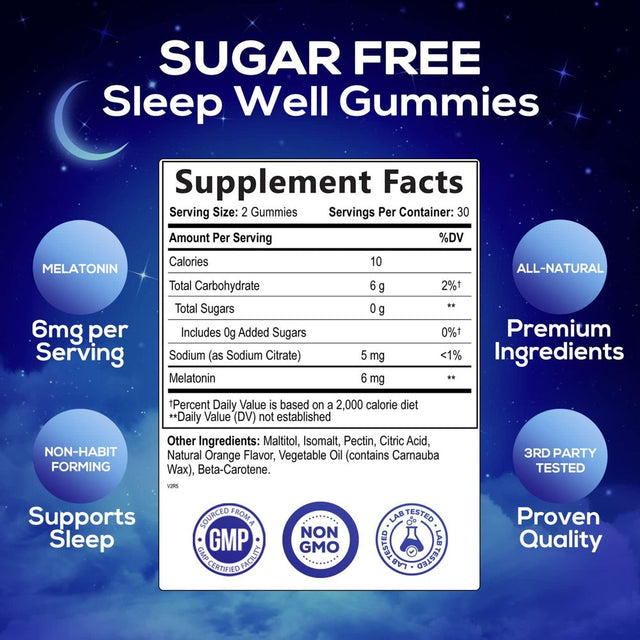 Sleep Melatonin Gummies for Adults Sugar Free - Natural Melatonin Sleep Gummy, Extra Strength Gummy Supplements, Sleep Support Vitamin Supplement, Vegan, Gelatin Free, Non-Gmo, 6Mg, 60 Sleep Gummies