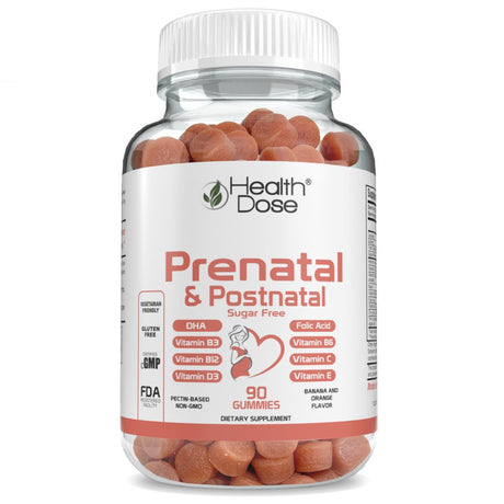 Health Dose Prenatal & Postnatal Vitamins for Pregnant and Lactating Women. DHA & Folic Acid, Gluten & Sugar-Free Vitamin B6, B12, C + Zinc for Immunity. Pregnancy & Post Pregnancy Support. 90 Gummies