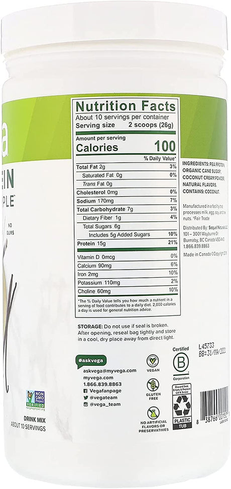 Vega Protein Made Simple Protein Powder, Vanilla - Stevia Free, Vegan, Plant Based, Healthy, Gluten Free, Pea Protein for Women and Men, 9.2 Oz (Packaging May Vary)