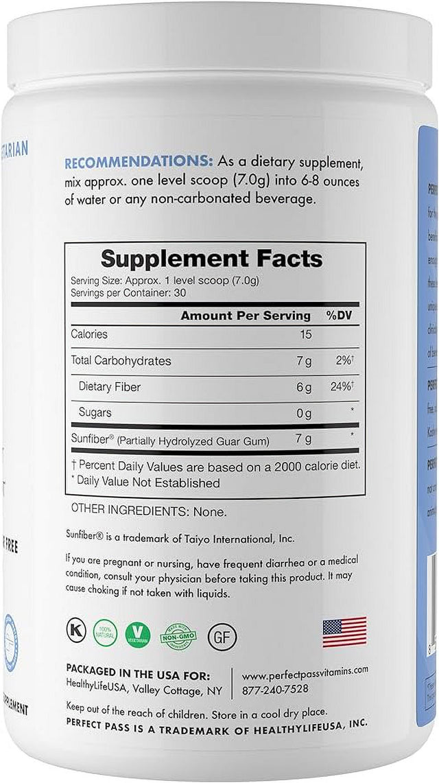 PERFECT PASS Prebiotic Fiber PHGG Partially Hydrolyzed Guar Gum 210G Powder - 100% Natural Gluten Free Non GMO - Certified Kosher Vegetarian Sugar Free, Low FODMAP Certified