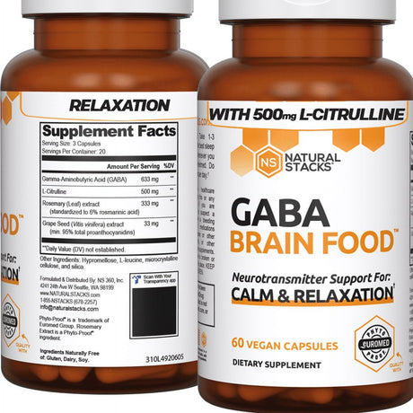 Natural Stacks Gamma-Aminobutyric Acid GABA Supplement 60 Ct. - Deep Relaxation and Calm - Night Time Sleep Aid - Brain Food Formula Promotes GABA (Gamma-Aminobutyric Acid)