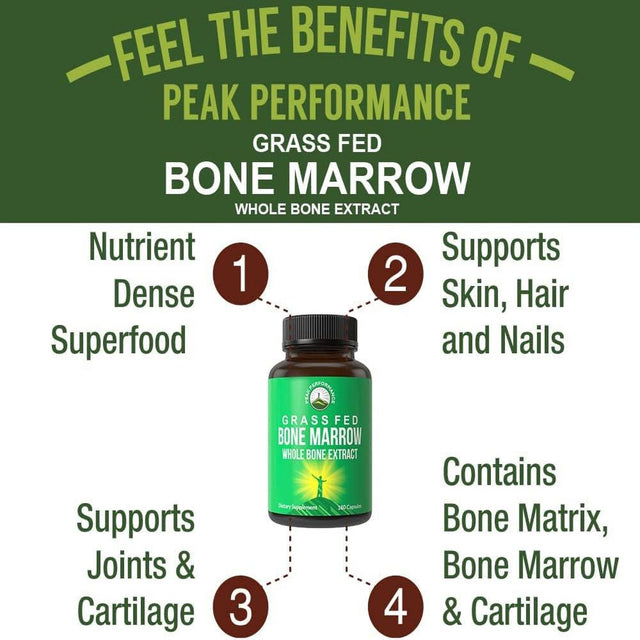 Peak Performance Grass Fed Bone Marrow - Whole Bone Extract Supplement 180 Capsules Superfood Pills Rich in Collagen, Vitamins, Amino Acids. from Bone Matrix, Marrow, Cartilage. Ancestral Tablets