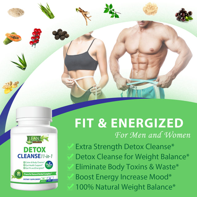 Detox Cleanse, 11-In-1 Vegan Full Body Cleaner, Super Colon Cleanse Gut Health Support with Psyllium Husk Powder Aloe Ginger Root Fiber Supplement, 30 Day Toxin Rid off Pills for Men Women 60 Capsules