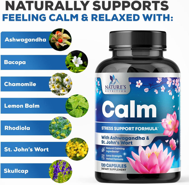 Nature'S Nutrition Calm & Stress Support Supplement - with Magnesium, Ashwagandha, 5-HTP, L-Theanine, GABA - Natural Stress & Immune Support to Relax, Focus, Unwind - Vegan & Non-Gmo - 120 Capsules