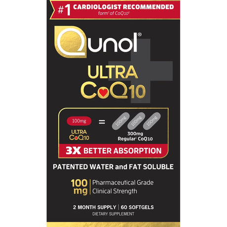 Qunol Ultra 100Mg Coq10, 3X Better Absorption, Patented Water and Fat Soluble Natural Supplement Form of Coenzyme Q10, Antioxidant for Heart Health, 60 Ct