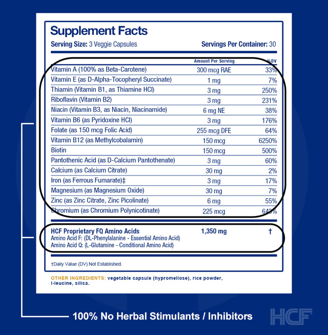 HCF Happy, Calm & Focused - Brain Focus, Attention, Concentration & Mood Supplement (90 Count) - FQ Foundation Amino Acids, Vitamins & Minerals - 100% No Herbal Stimulants - Non-Gmo Project Verified