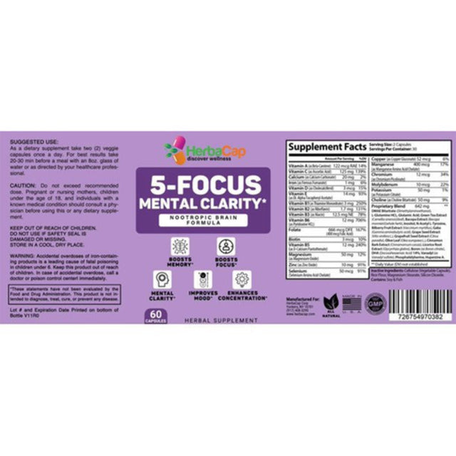 Herbacap 5-Focus Mental Clarity Supplement (Pack of 2) for All Ages of Men & Women, Multivitamin Supplement for Boost Memory & Concentration, Enhance Cognitive & Brain Health