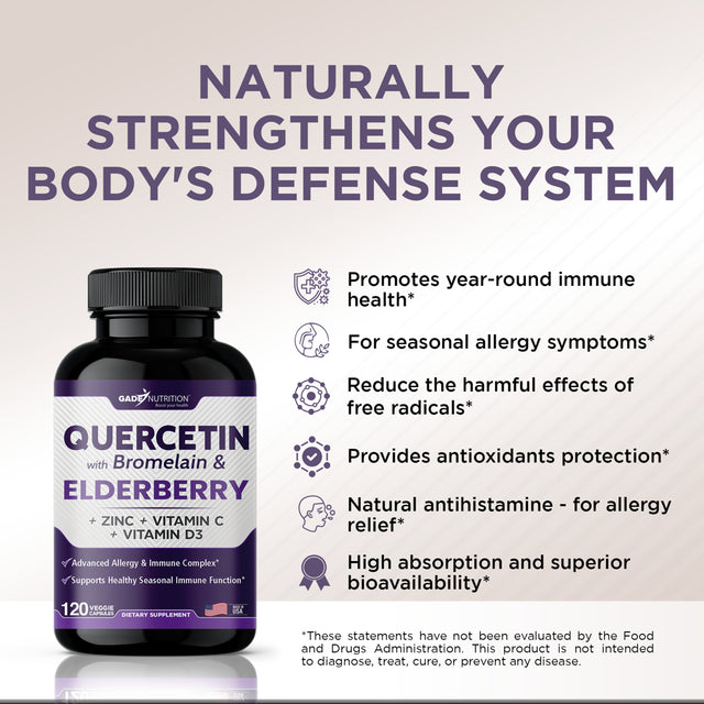 Quercetin with Vitamin C and Zinc - Elderberry - Quercetin 500Mg - Quercetin with Bromelain - Zinc Quercetin - Vitamin D3 - 6 in 1 Daily Immune Support, Non-Gmo, Gluten-Free - USA - 4 Months Supply